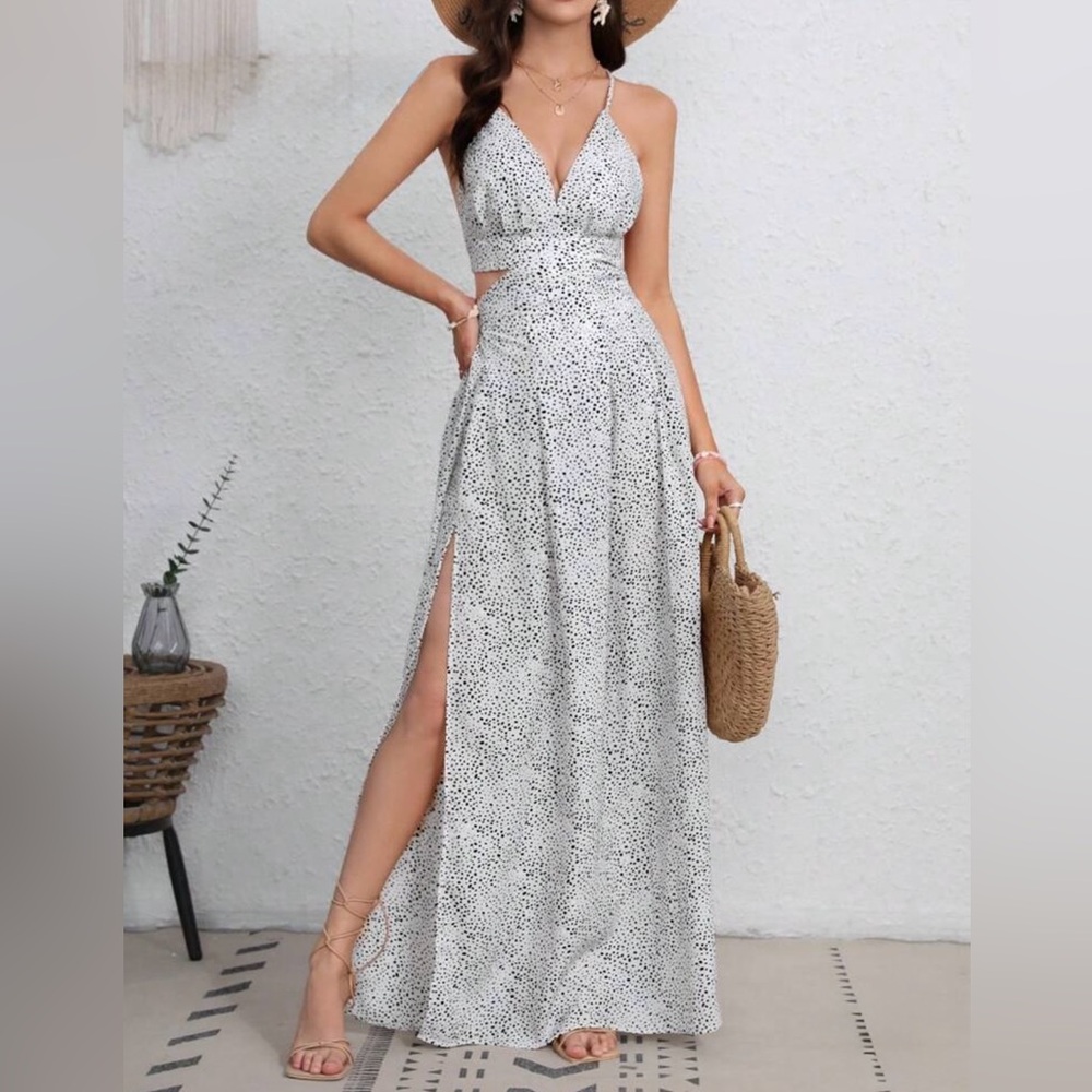 Elegant White and Black Polka Dot Maxi Dress